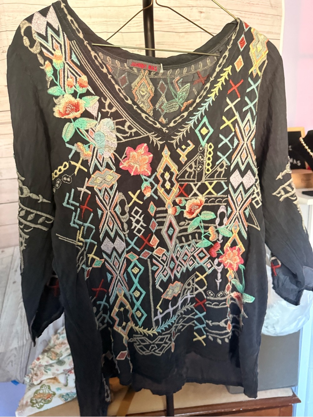 Johnny Was Black V-Neck Embroidered Boho Tunic with Multicolor Floral Motif